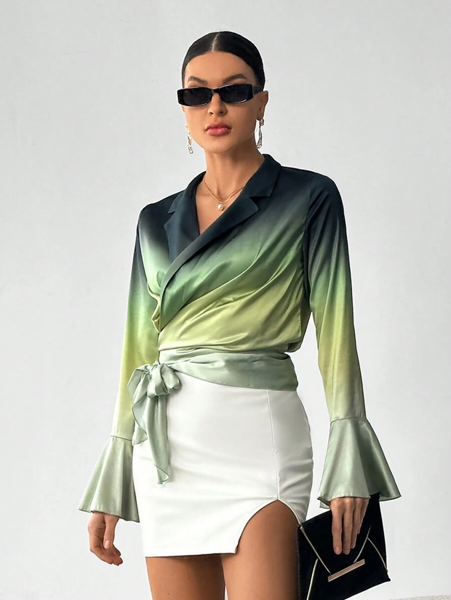 SHEIN Privé Ombre Flounce Sleeve Knot Side Blouse - Green - View 1