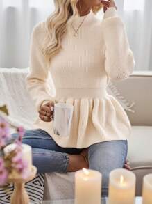 SHEIN Privé 素色荷葉邊下擺套頭毛衣 - 米色 - 查看 6