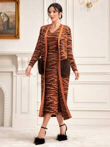 Modelyn Tiger Skin Pattern Sweater Dress & Cardigan 2 Piece Set Fall Cloth For Women - Redwood - View 4