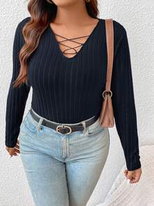 SHEIN Frenchy Talla grande Camiseta con tira cruzada delantera tejido de canalé - azul real - Ver 3