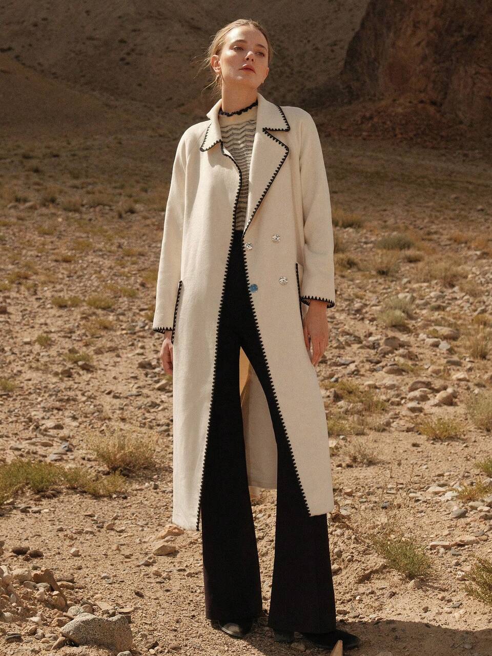 BELTED WOOL-BLEND CONTRAST STITCH COAT