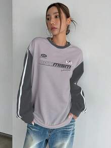 DAZY Đồ họa Chữ cái Tay áo tương phản Áo nỉ - Xám - Xem 3