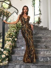 ANGEL FASHIONS Contrast Sequin Mermaid Hem Formal Dress - Gold - View 1