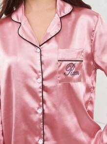 SHEIN Explorewe 青少年女孩字母刺繡拼接滾邊緞面睡衣套裝 - 藕粉色 - 查看 6