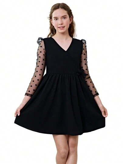 SHEIN Girls Dobby Mesh Puff Sleeve Bow Side Dress