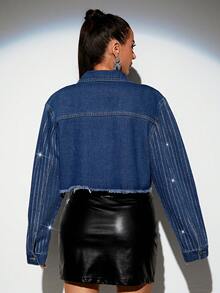 SHEIN BAE 翻蓋口袋水鑽細節毛邊牛仔夾克 - 中等水洗藍 - 查看 2