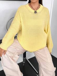 Flirla Plus Solid Drop Shoulder Sweater - Yellow - View 6