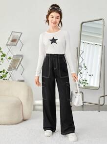 SHEIN 青少女編織實色休閒長褲,配有口袋和對比細節 - 黑色 - 查看 3