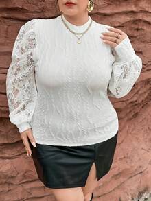 SHEIN Privé Plus Mock Neck Contrast Lace Lantern Sleeve Tee - White - View 3
