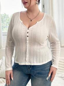 Flirla Talla grande Camiseta con botón delantero de cuello de muesca - Blanco - Ver 1