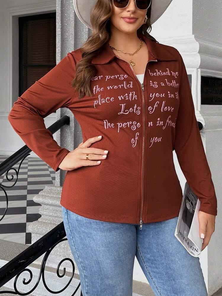 Plus 1pc Slogan Graphic Zip Up Tee