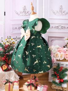 SHEIN Toddler Girls' Deer Print Dress With Big Bow Detail And Ruffle Hem - Multicolor - View 4