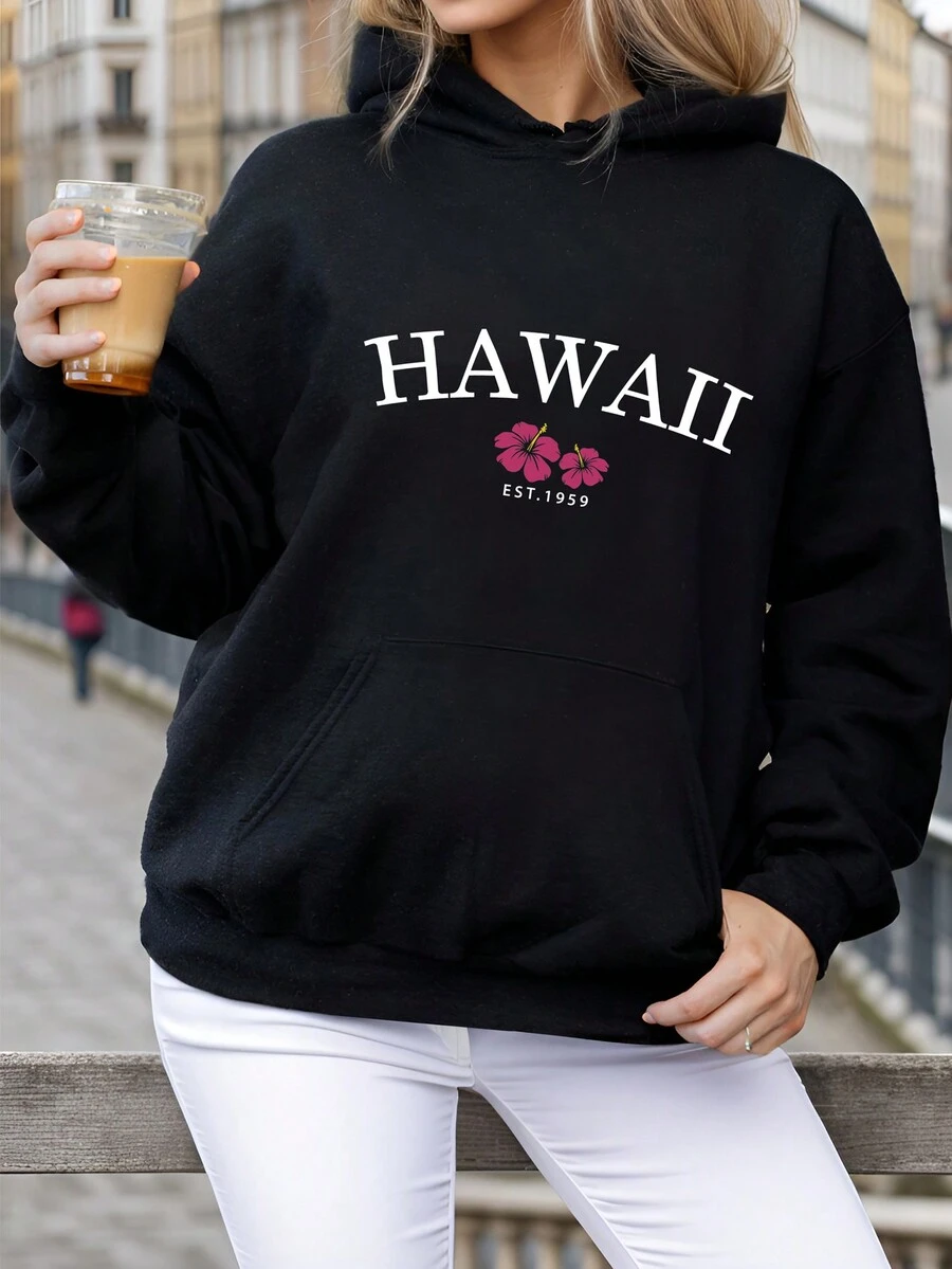 SHEIN EZwear Letter & Floral Graphic Drop Shoulder Hoodie - Black - View 1