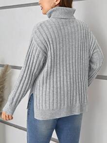 SHEIN LUNE Hơn Áo cao cổ Thả vai Viền chia cắt Áo len - Xám - Xem 4