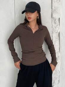 Dazy Star Ribbed Knit Raglan Sleeve Half Zip Tee Long Sleeve Women Tops - Coffee Brown - View 5