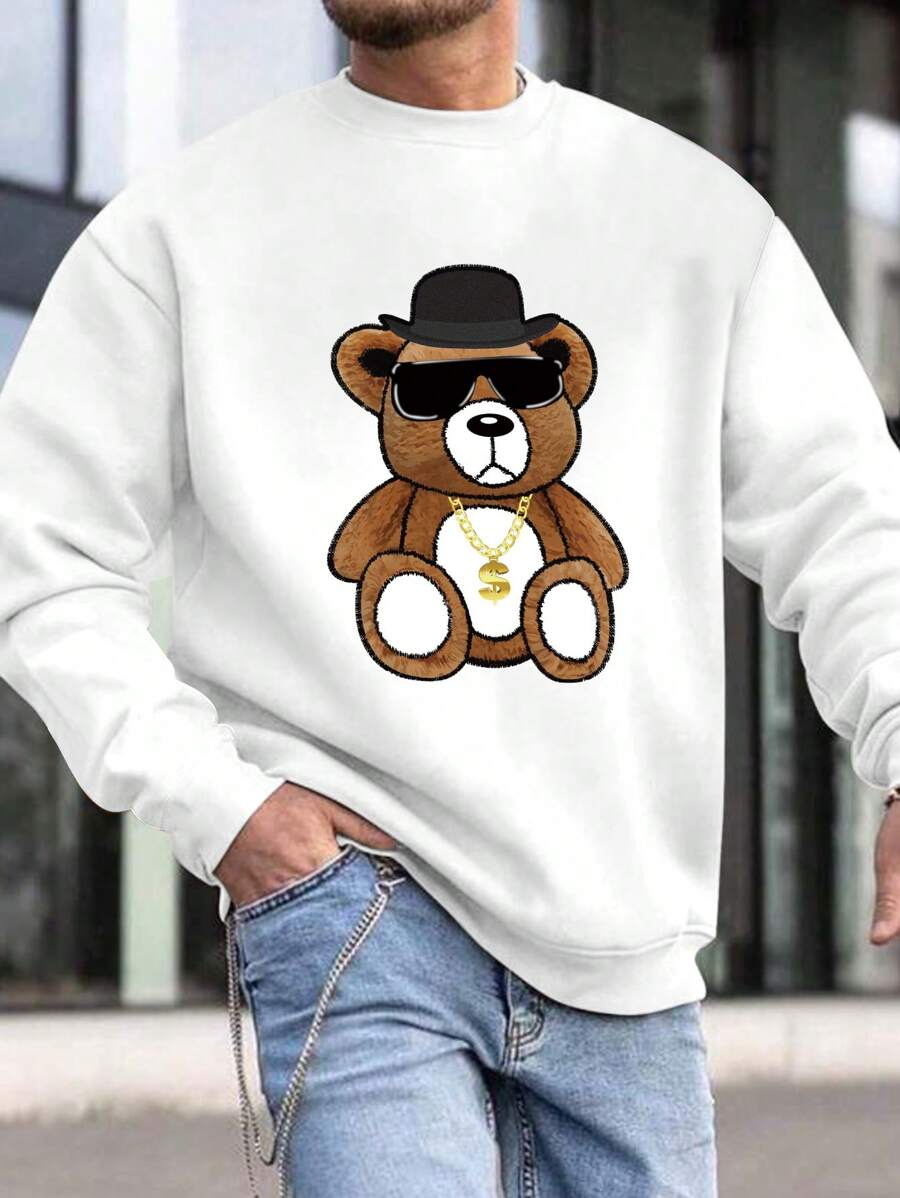 Manfinity Homme Lỏng lẻo phù hợp Nam In Gấu Thả vai Áo nỉ - trắng - Xem 1