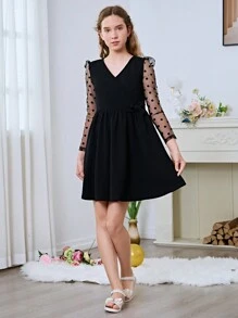 SHEIN Girls Dobby Mesh Puff Sleeve Bow Side Dress - Black - View 3