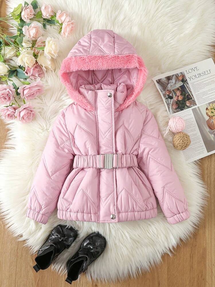 Young Girl Fuzzy Trim Hooded Belted Quilted Padded Coat