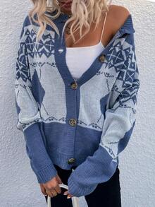 SHEIN LUNE Geo Pattern Drop Shoulder Cardigan - Blue - View 4