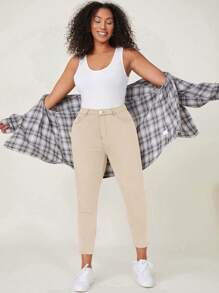 Pantalones ajustados de talla grande de color liso con cierre de cremallera - Caqui - Ver 6