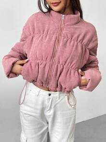 SHEIN EZwear Áo khoác nhung kẻ có đệm vai thả khóa kéo - Màu Hồng baby - Xem 5