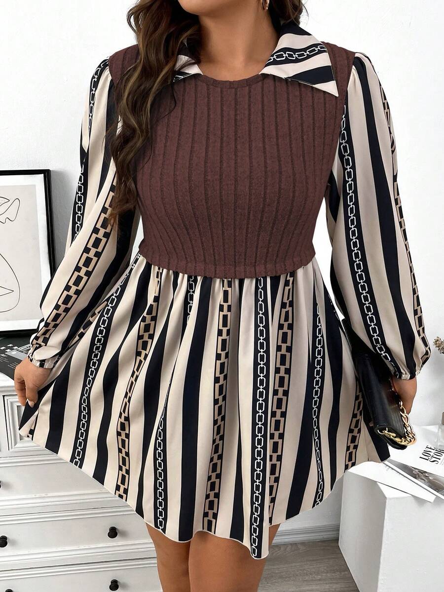 Celure Talla grande Vestido 2 en 1 de rayas & con estampado de cadena de manga farol - Multicolor - Ver 1
