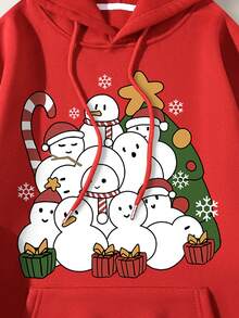 SHEIN EZwear 聖誕雪人印花袋鼠口袋抽繩加絨內裏連帽衫 - 紅色 - 查看 5