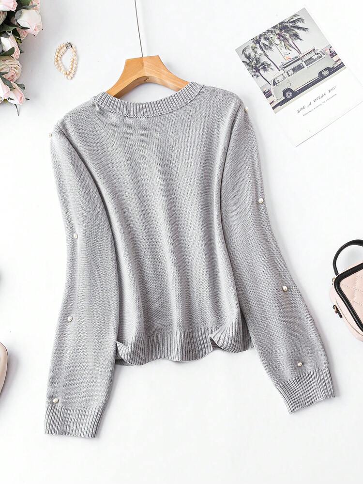 Plus Faux Pearls Beaded Cable Knit Sweater Knit Pullover Fall Winter Sweater