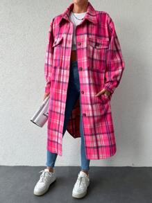 SHEIN Cottnline Kẻ sọc Flip Túi Dài Của phụ nữ Len áo - Màu Hồng Tươi - Xem 5