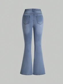 Teen Girl Ripped Flare Leg Jeans - Medium Wash - View 2