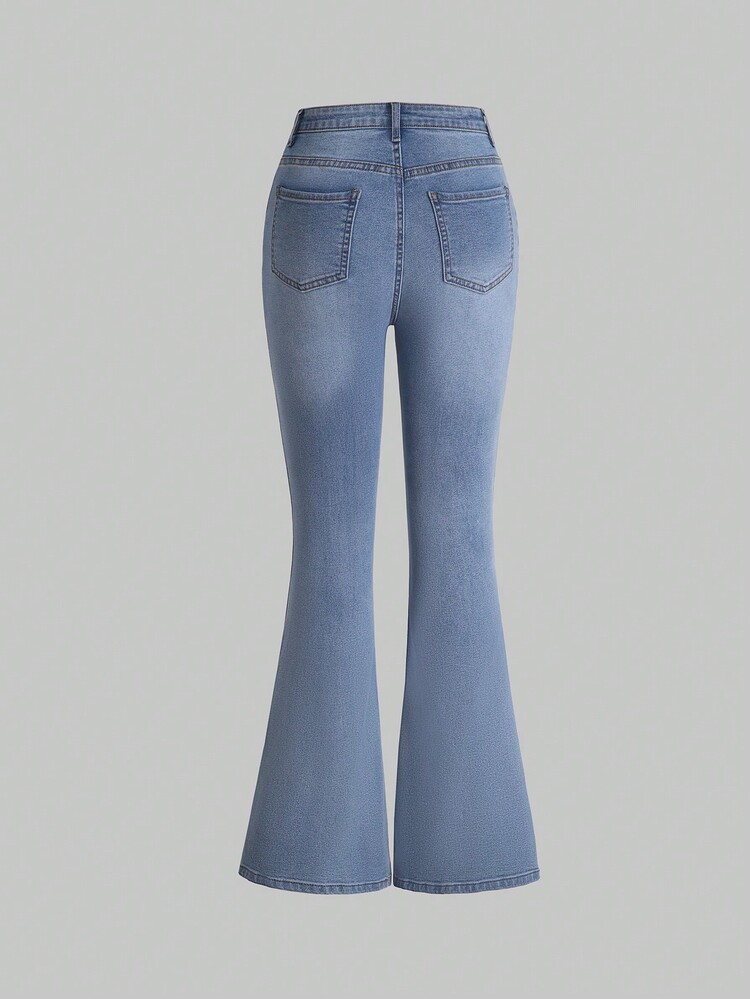 青少年女孩破洞牛仔喇叭褲 - 中等水洗藍 - 查看 2