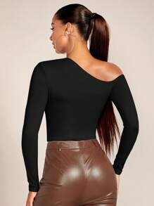 SHEIN BAE Asymmetrical Neck Cut Out Crop Tee - Black - View 2