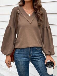 SHEIN LUNE Solid Lantern Sleeve Sweatshirt - Brown - View 4