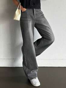DAZY Slant Pocket Straight Leg Jeans - Dark Grey - View 4