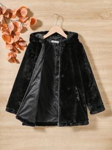 女大童拉鏈開襟連帽毛茸茸外套 - 黑色 - 查看 5