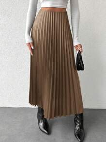 EURMUSE High Waist PU Leather Pleated Skirt - Camel - View 3