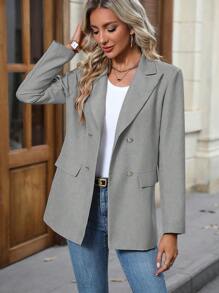 SHEIN Privé Peak Collar Double Breasted Flap Detail Blazer - Light Grey - View 3