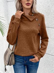 SHEIN LUNE Asymmetrical Neck Button Detail Raglan Sleeve Sweatshirt - Brown - View 4