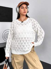 Flirla Suéter de Tricô Plus Size com Buracos Texturizados, Estilo Pullover Outono Inverno - Branco - Visão 4