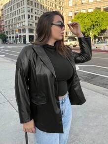 SHEIN Privé Plus Peak Collar PU Leather Belted Blazer - Black - View 3