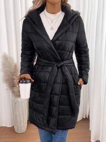 SHEIN Clasi Slant Pocket Hooded Belted Padded Padded Coat Clothes Winter - Black - View 3