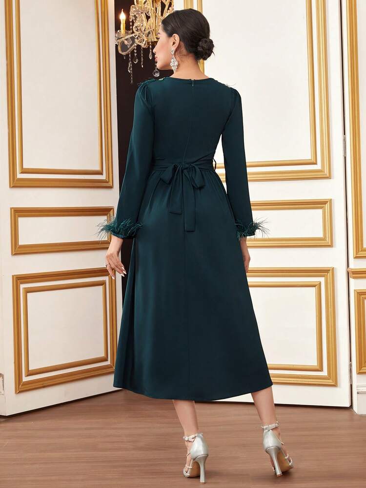 Fuzzy Cuff Embroidery Detail Belted Dress Long Evening Dresses Fall Cloth For Women