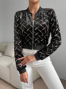 Allurite Cazadora tipo bomber dorado con patrón de rombo con cremallera de terciopelo - Burdeos - Ver 5