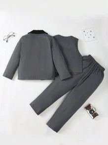 Tween Boy Contrast Panel Shawl Collar Blazer & Pants - Dark Grey - View 2