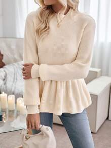 SHEIN Privé 素色荷葉邊下擺套頭毛衣 - 米色 - 查看 5