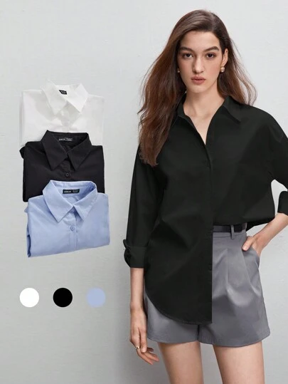 BizChic 女士纯色翻领长袖衬衫，挺括有型，都市通勤必备单品，简约优雅时尚商务休闲风，适合教师及办公室穿着。