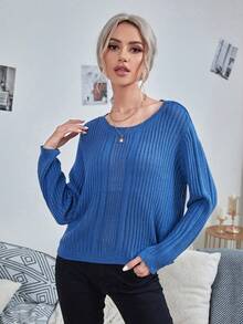 SHEIN LUNE Chất rắn Đồ đan Ribbed Áo len - Màu xanh lam - Xem 4