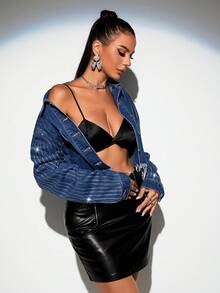 SHEIN BAE 翻蓋口袋水鑽細節毛邊牛仔夾克 - 中等水洗藍 - 查看 6