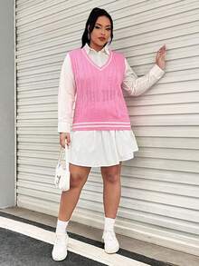 SHEIN EZwear 大碼1入組條紋飾邊麻花編織毛衣背心 - 粉色 - 查看 4