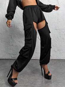 SHEIN ICON Cắt ra Túi nắp bên cạnh Quần thể thao bảo Cargo - màu đen - Xem 6